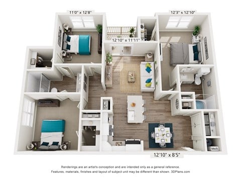 Floor plan for 3 beds, 2 baths, 1291 sqft